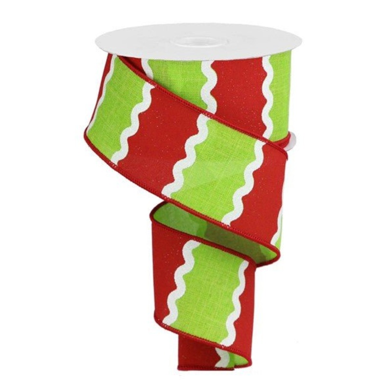 2.5" Wavy Stripe Ribbon: Red/Lime Grn/Wht - 10yds