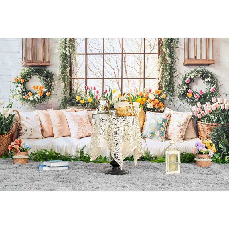 Kate Spring Sofa Pillows Tulip Window Backdrop Designed by Emetselch Microfiber (Printed) 7x5ft - small kids sitting / cake smash