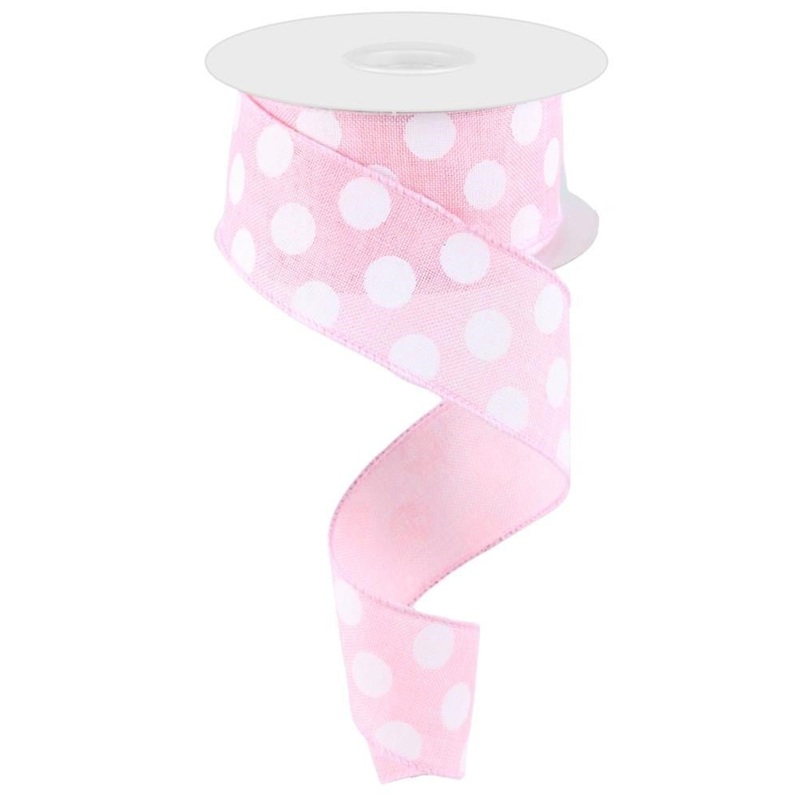 1.5" Linen Polka Dot Ribbon: Lt Pink/White