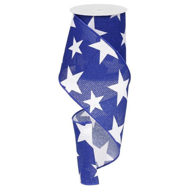 4" X 100ft Faux Burlap Star Ribbon: Royal Blue/White