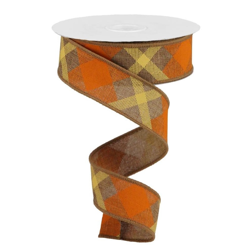 1.5" Diagonal Plaid Ribbon: Tan/Orange/Mustard - 10yds