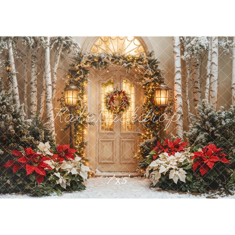 Kate Christmas Door Garland Poinsettia Tree Backdrop Designed by Emetselch Microfiber (Printed) 7x5ft - small kids sitting / cake smash