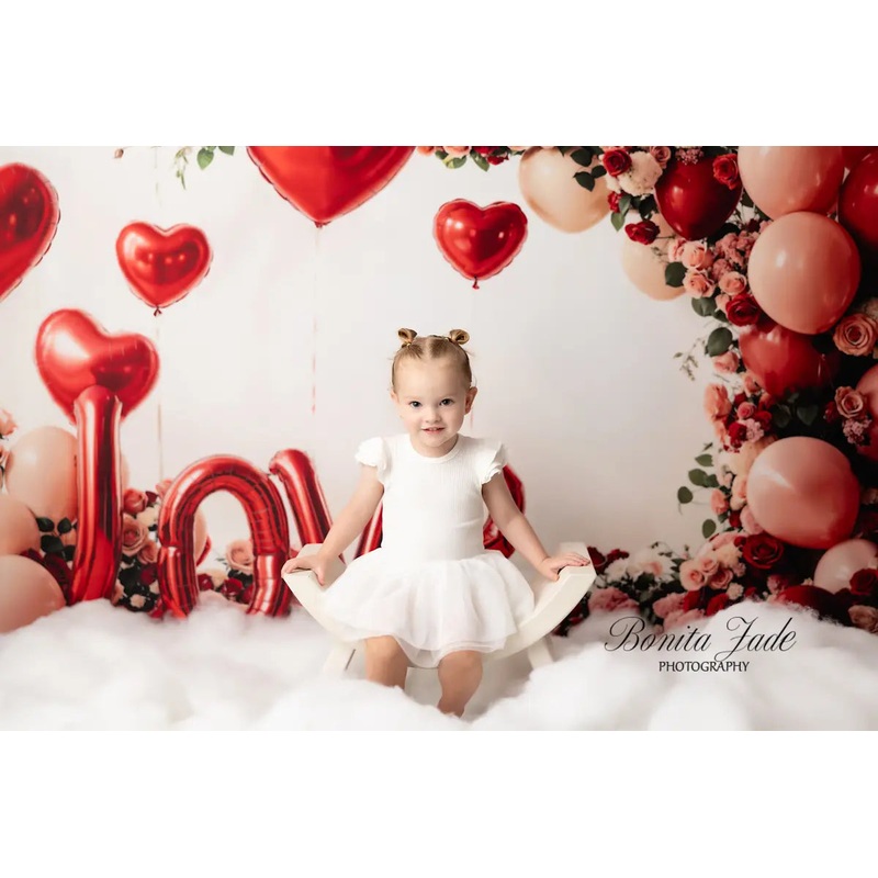 Kate Valentine's Day Love Balloon Flower Arch Backdrop Designed by Emetselch Microfiber (Printed) 7x5ft - small kids sitting / cake smash