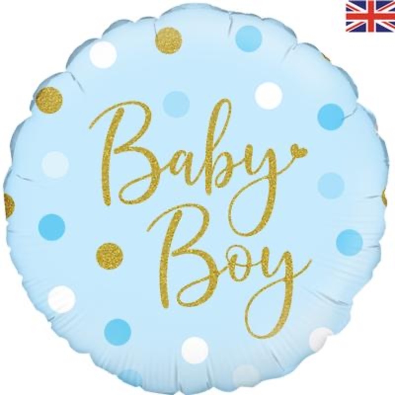 18 Standard Baby Boy Helium Foil Balloon - Blue & Gold Spots Design