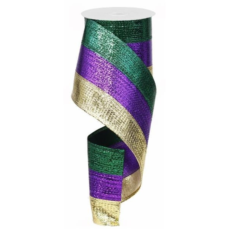 4" Metallic Mardi Gras Tri-Stripe Wired Ribbon - 10yd