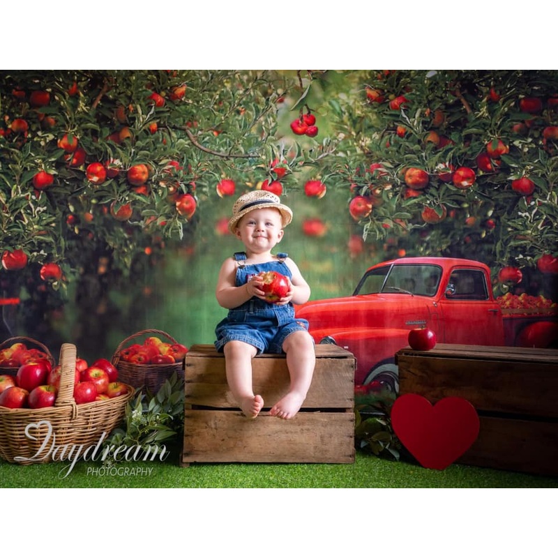 Kate Apple Orchard Red Truck Backdrop Designed by Rosabell Photography 5x3ft - newborns and babies Microfiber (Printed)