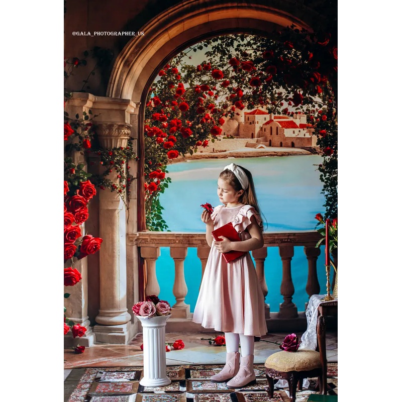 Kate Valentine Roses Arch Balcony Lake Backdrop Designed by Emetselch Microfiber (Printed) 7x5ft - small kids sitting / cake smash