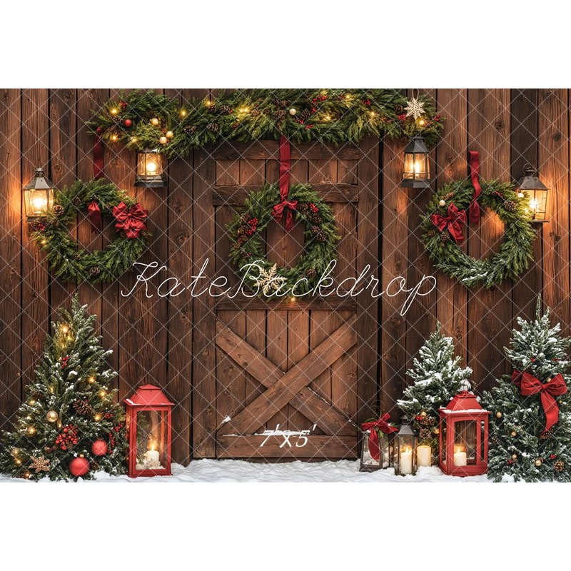 Kate Christmas Brown Wood Door Wreaths Backdrop Designed by Emetselch Microfiber (Printed) 7x5ft - small kids sitting / cake smash