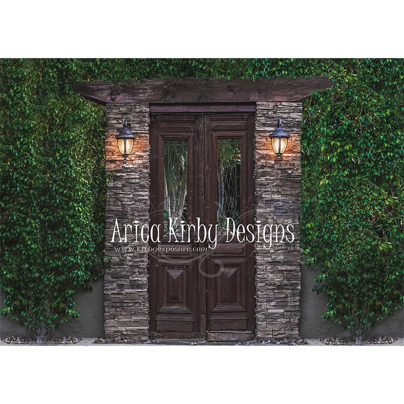Kate Wood Door Brick Backdrop Green Plants designed by Arica Kirby 7x5ft - small kids sitting / cake smash Microfiber (Printed)