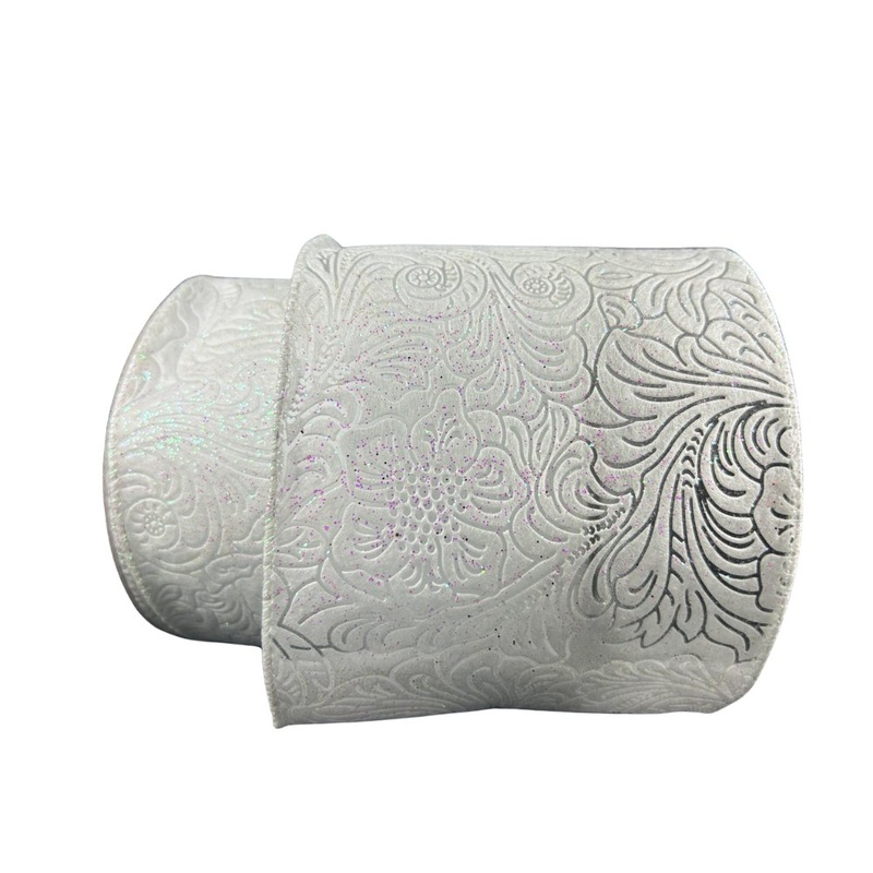 4" Glitter Embossed Flower Ribbon: White - 10yds