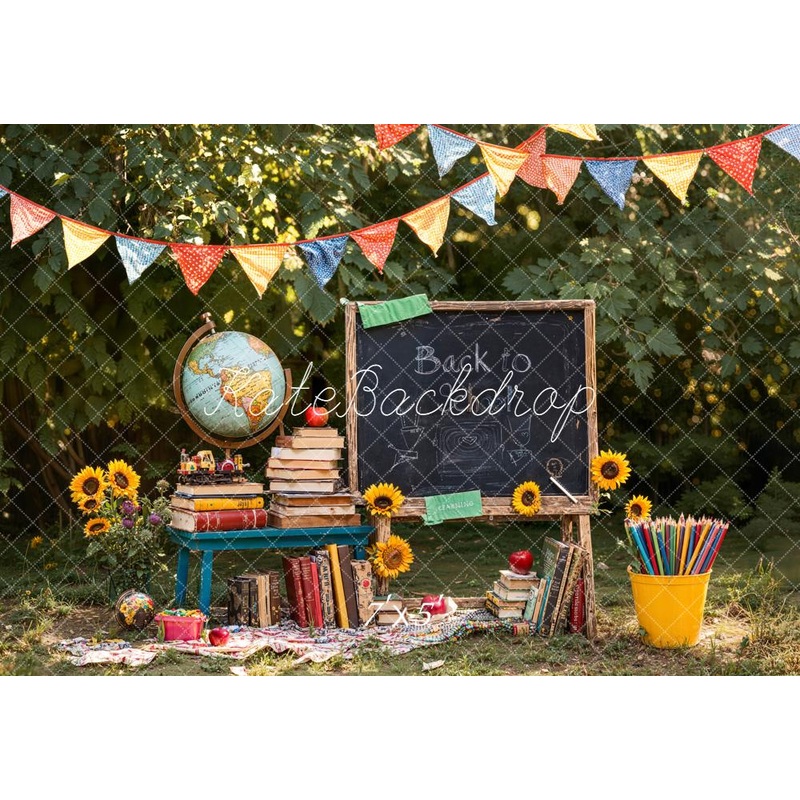 Kate Back To School Blackboard Books Globe Garden Sunflowers Backdrop Designed by Emetselch Microfiber (Printed) 7x5ft - small kids sitting / cake smash