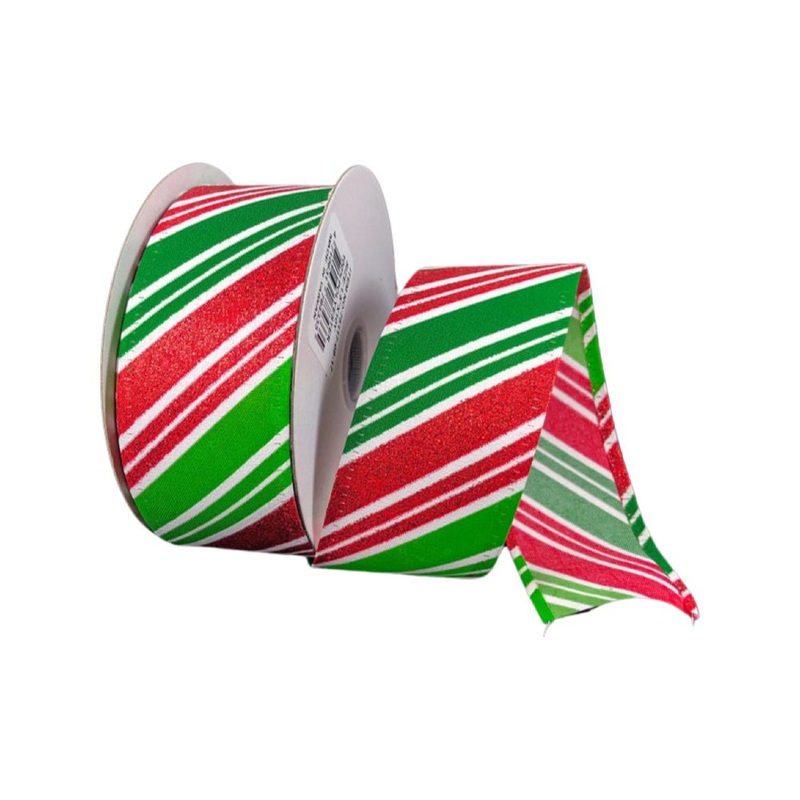 1.5" Diagonal Stripe Ribbon: Emerald/Lime/Red/White - 10yds