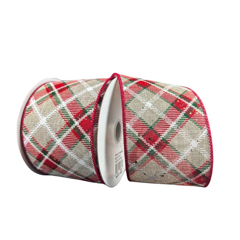 2.5" Scattered Glitter Plaid Ribbon - Nat/Red/Wht/Green- 10yds