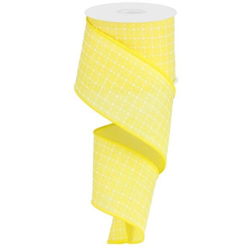 2.5" Yellow/White Stitched Square Ribbon - 10yds