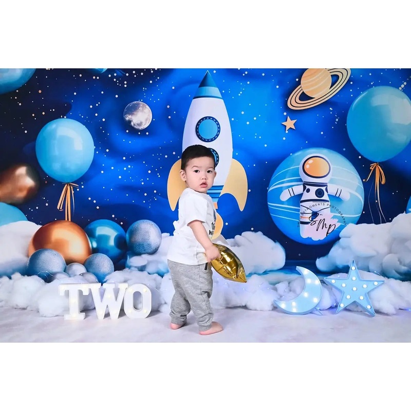 Kate Astronaut Blue Universe Space Planet Rocket Balloon Backdrop Designed by Patty Robert 7x5ft - small kids sitting / cake smash Microfiber (Printed)