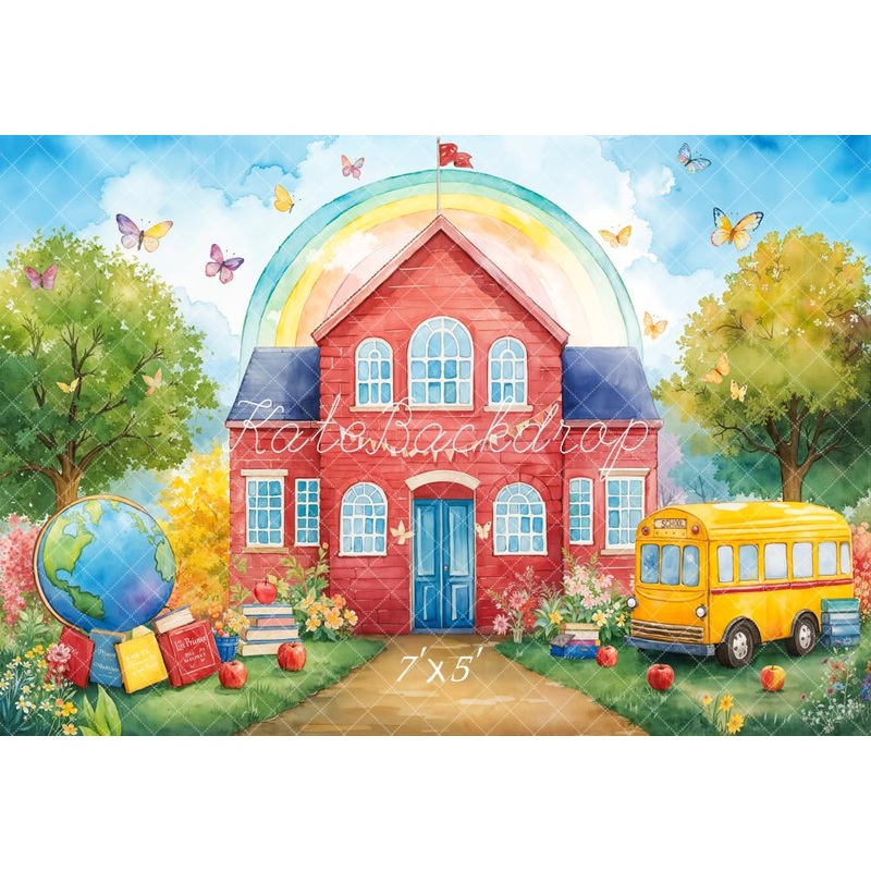 Kate Back To School Red Schoolhouse Bus Rainbow Backdrop Designed by Emetselch Microfiber (Printed) 7x5ft - small kids sitting / cake smash