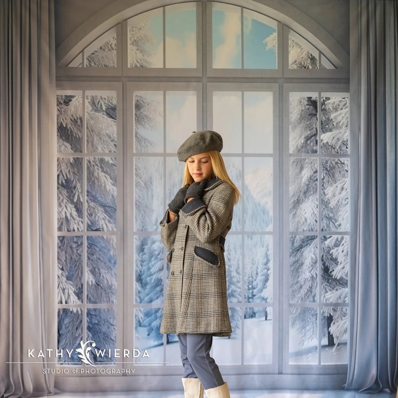 Kate Winter Outwindow Snowy Trees Backdrop Designed by Chain Photography 7x5ft - small kids sitting / cake smash Microfiber (Printed)