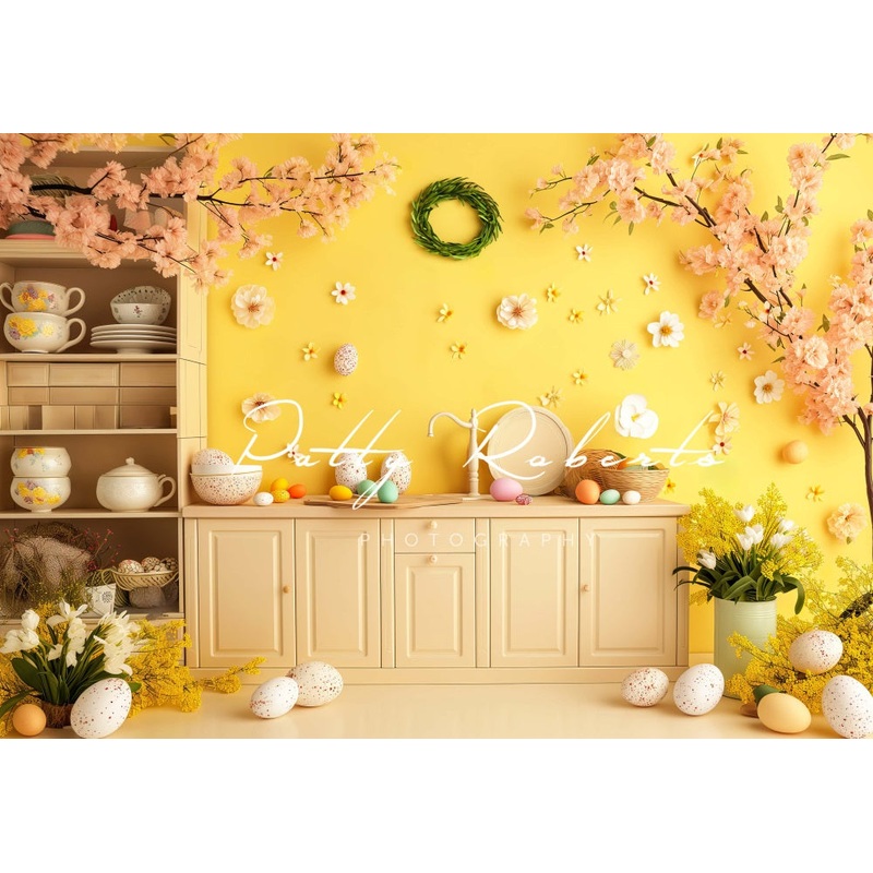 Kate Yellow Easter Kitchen Cabinet Backdrop Designed by Patty Robert 7x5ft - small kids sitting / cake smash Microfiber (Printed)