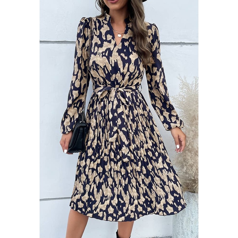 UNISHE - V Neck Smocked Printing Dress BFZY327 Navy M