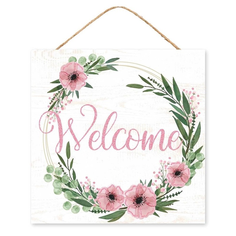 10" Square Welcome Floral Wreath Sign