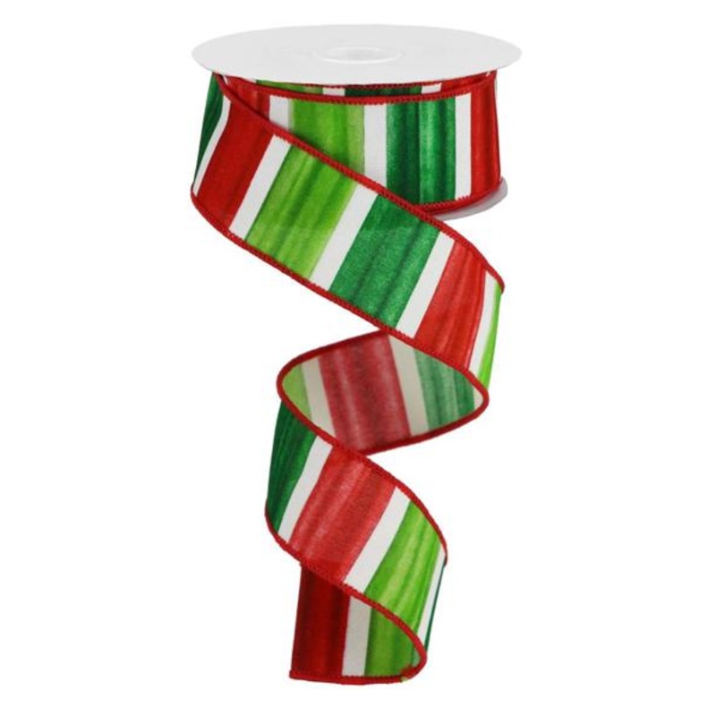 1.5" Christmas Watercolor Stripe Ribbon: Red/Lime/Emer/Wht - 10yds