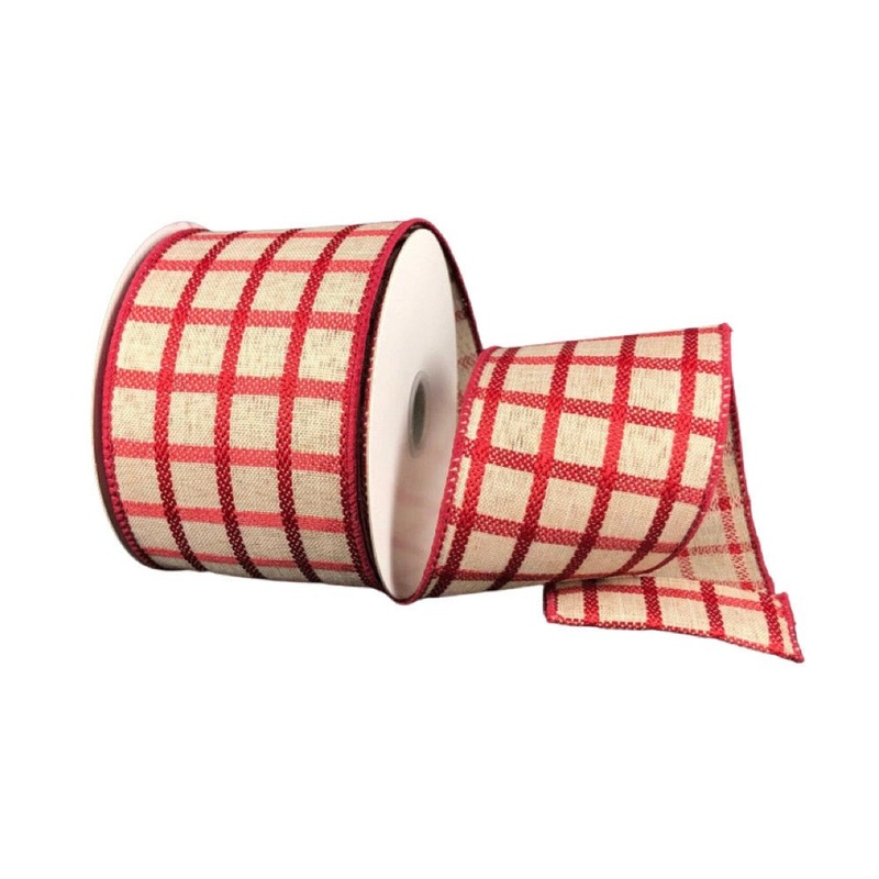 2.5" Woven Trellis Ribbon:  Dark Red/Natural - 10yds