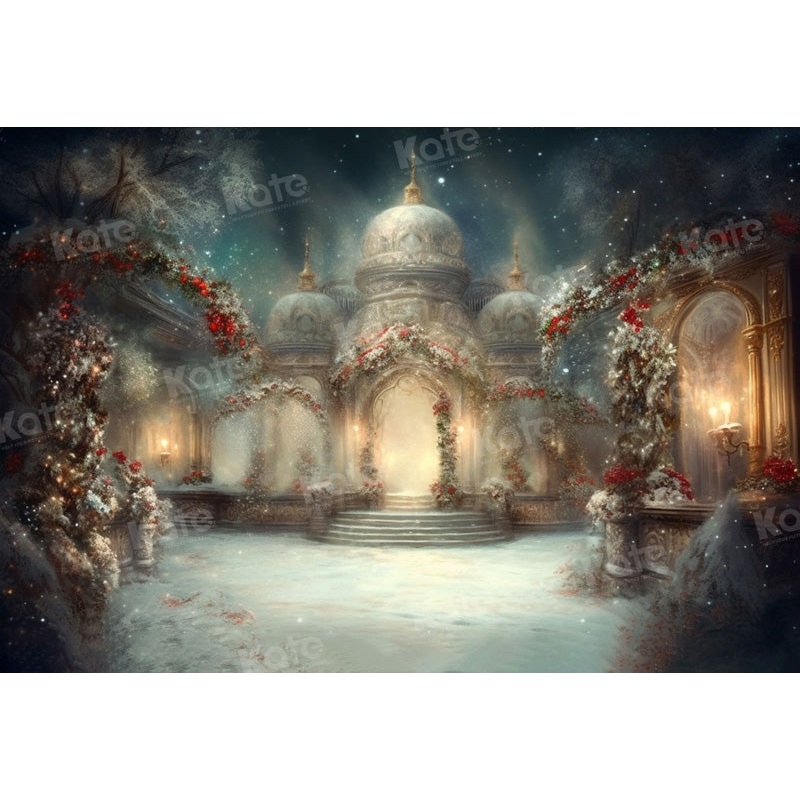 Kate Winter Christmas Snow Flower Classical Architecture Church Backdrop for Photography 7x5ft - small kids sitting / cake smash Microfiber (Printed)