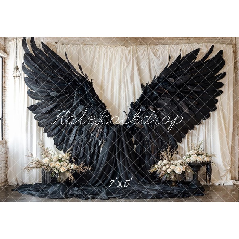 Kate Black Angel Wings Curtain Backdrop Designed by Emetselch Microfiber (Printed) 7x5ft - small kids sitting / cake smash
