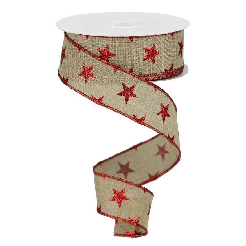 1.5" Glitter Star Ribbon: Beige/Red - 10yds