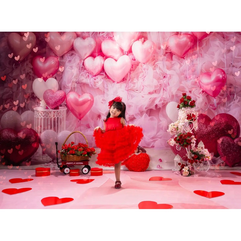 Kate Valentine's Day Pink Love Heart Balloon Romantic Room Backdrop Designed by Emetselch Microfiber (Printed) 7x5ft - small kids sitting / cake smash