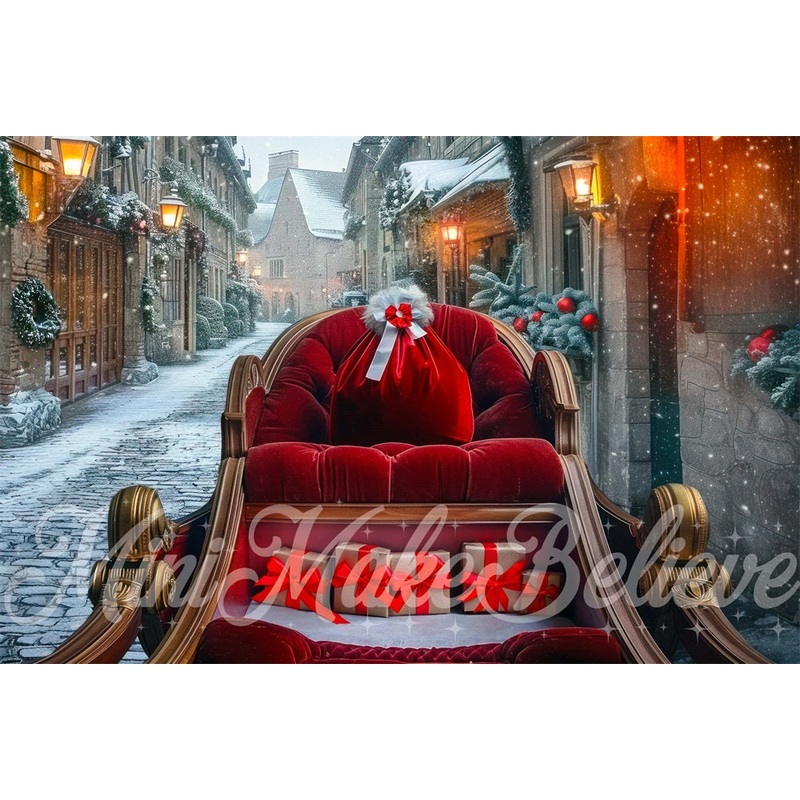 Kate Winter Christmas Street Red Sleigh Backdrop Designed by Mini MakeBelieve 7x5ft - small kids sitting / cake smash Microfiber (Printed)