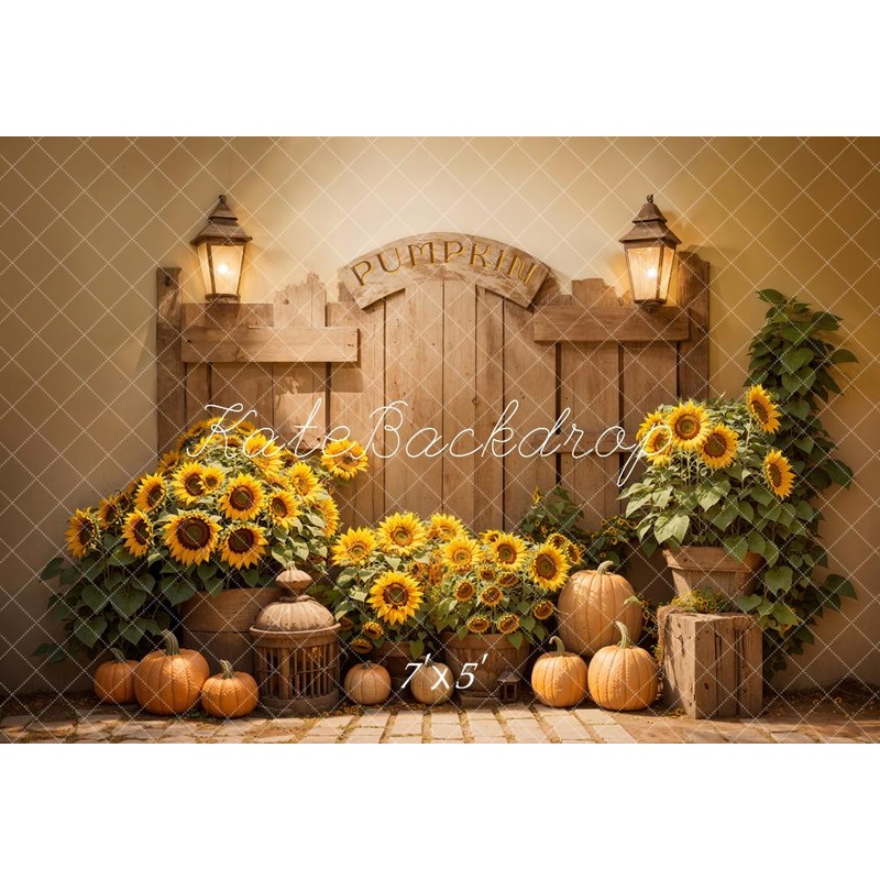 Kate Autumn Indoor Sunflower Pumpkin Wooden Barn Door Backdrop Designed by Emetselch 7x5ft - small kids sitting / cake smash Microfiber (Printed)