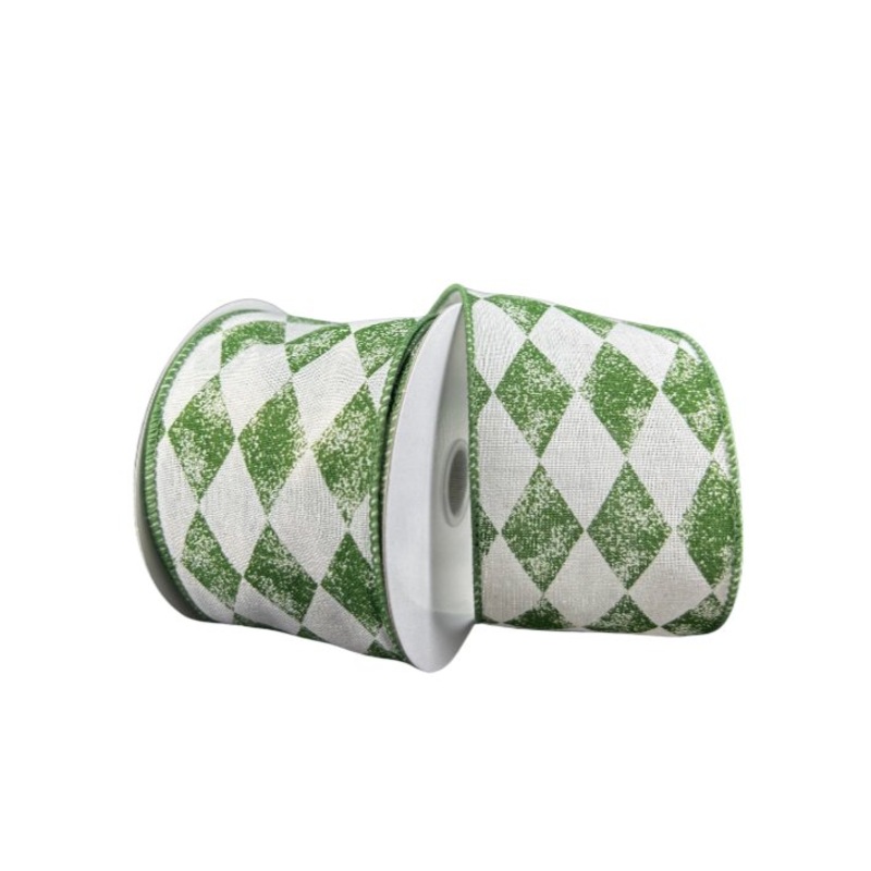 2.5" Stamped Canvas Harlequin Ribbon: Cream/Moss (10yd)