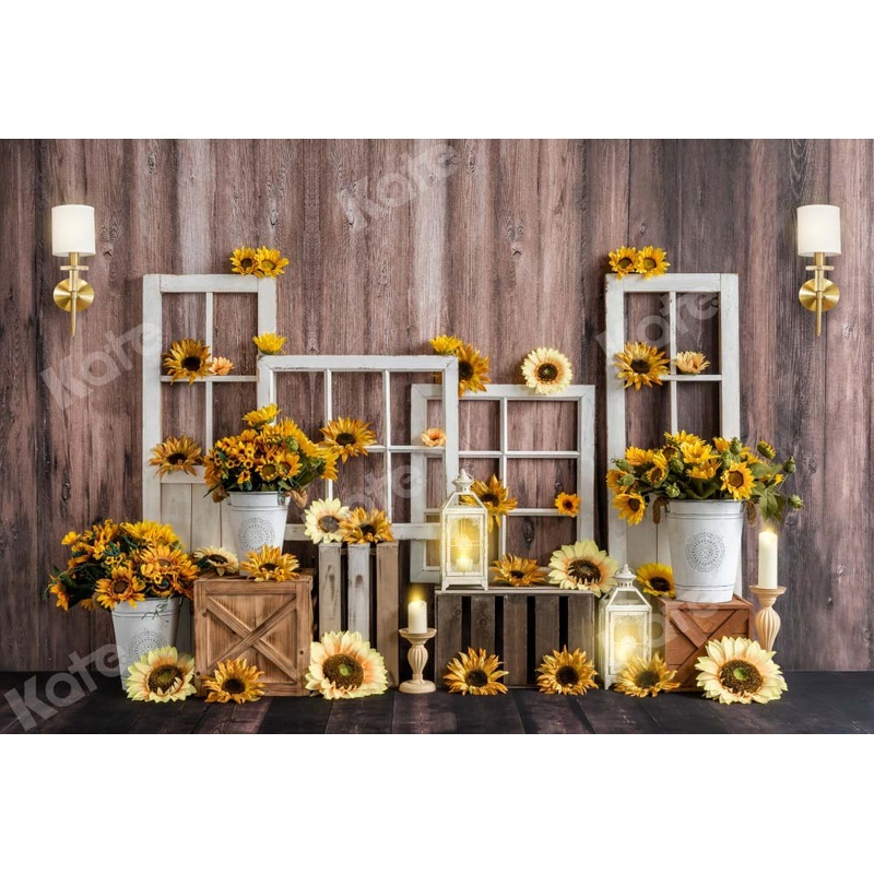 Kate Autumn Backdrop Retro Wood Sunflower Designed by Emetselch 5x3ft - newborns and babies Microfiber (Printed)