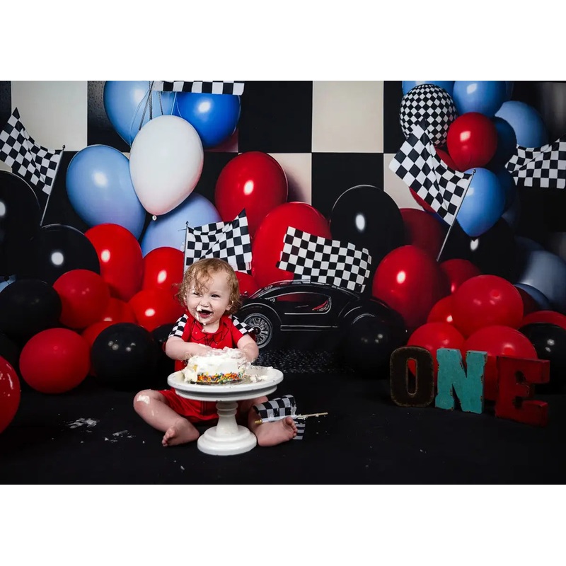 Kate Birthday Race Car Checkered Flag Balloon Cake Smash Backdrop for Photography Microfiber 7x5ft - small kids sitting / cake smash