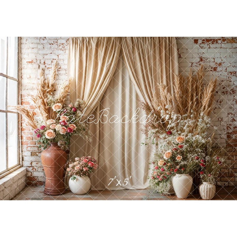 Kate Boho Floral Drapes Brick Wall Backdrop Designed by Emetselch Microfiber (Printed) 7x5ft - small kids sitting / cake smash