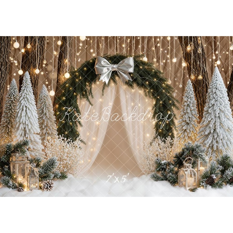 Kate Christmas Bow Arch Snowy Trees Lights Backdrop Designed by Emetselch Microfiber (Printed) 7x5ft - small kids sitting / cake smash