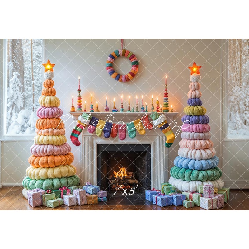 Kate Christmas Colorful Trees Fireplace Backdrop Designed by Emetselch Microfiber (Printed) 7x5ft - small kids sitting / cake smash