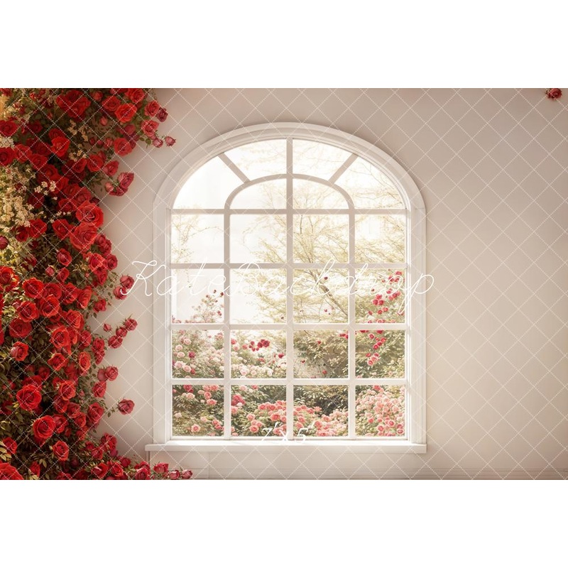 Kate Valentine's Day Floral Window Roses Backdrop Designed by Emetselch Microfiber (Printed) 7x5ft - small kids sitting / cake smash