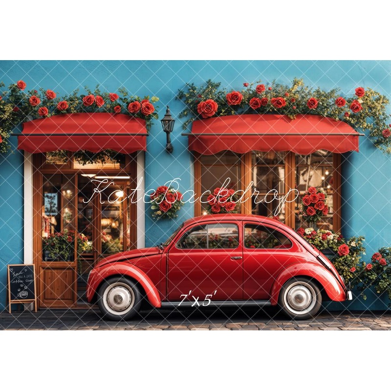 Kate Valentine Vintage Car Roses Cafe Shop Backdrop Designed by Emetselch Microfiber (Printed) 7x5ft - small kids sitting / cake smash