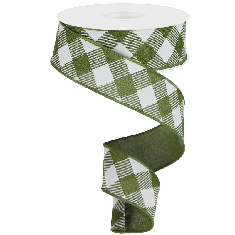 1.5" Diagonal Check Ribbon: Moss Green/White - 10yds