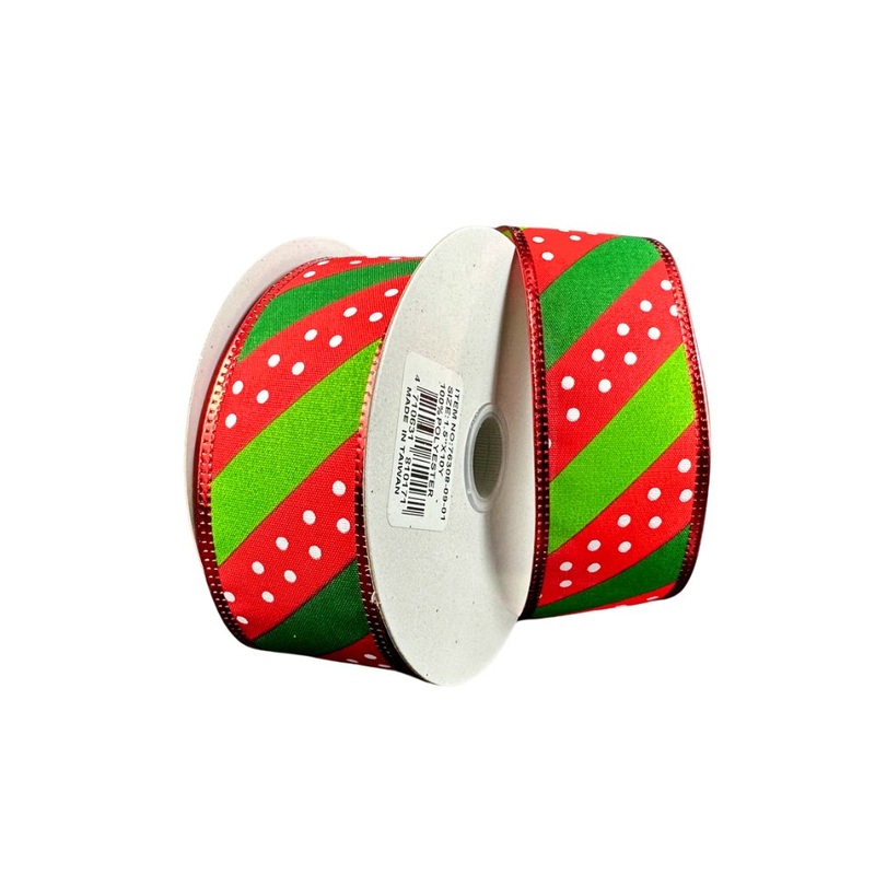 1.5" Diagonal Dot Stripe Ribbon: Red/Lime/Emer/White - 10yds