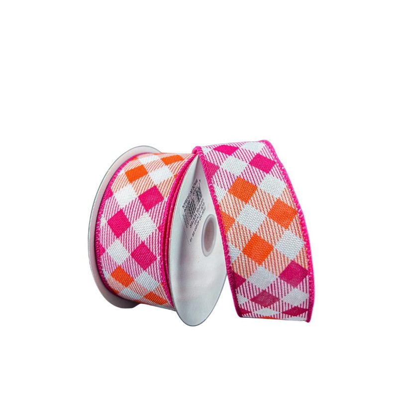 1.5" Diamond Ombre Check Ribbon: Fuchsia/Orange/White - 10yds