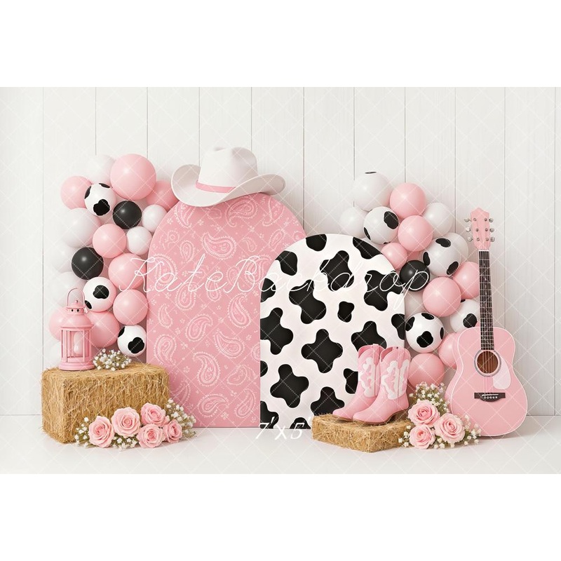 Kate Cake Smash Cowgirl Pink Western Backdrop Designed by Ashley Paul Microfiber (Printed) 7x5ft - small kids sitting / cake smash