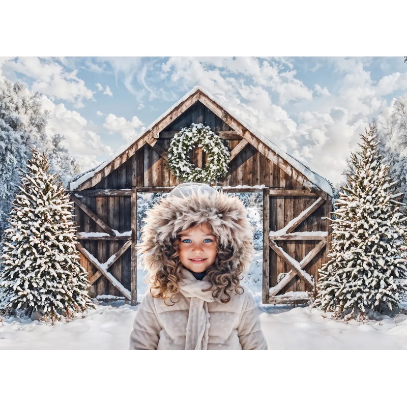 Kate Winter Snow Forest Brown Wooden Cabin Door Backdrop Designed by Emetselch 7x5ft - small kids sitting / cake smash Microfiber (Printed)