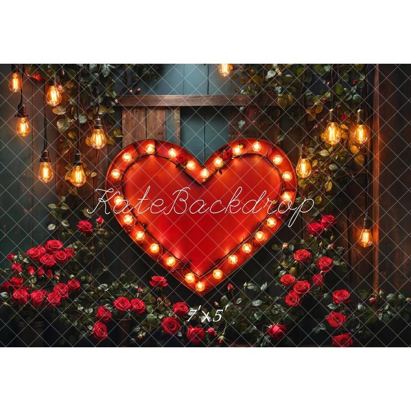 Kate Valentine Heart Lights Roses Backdrop Designed by Emetselch Microfiber (Printed) 7x5ft - small kids sitting / cake smash