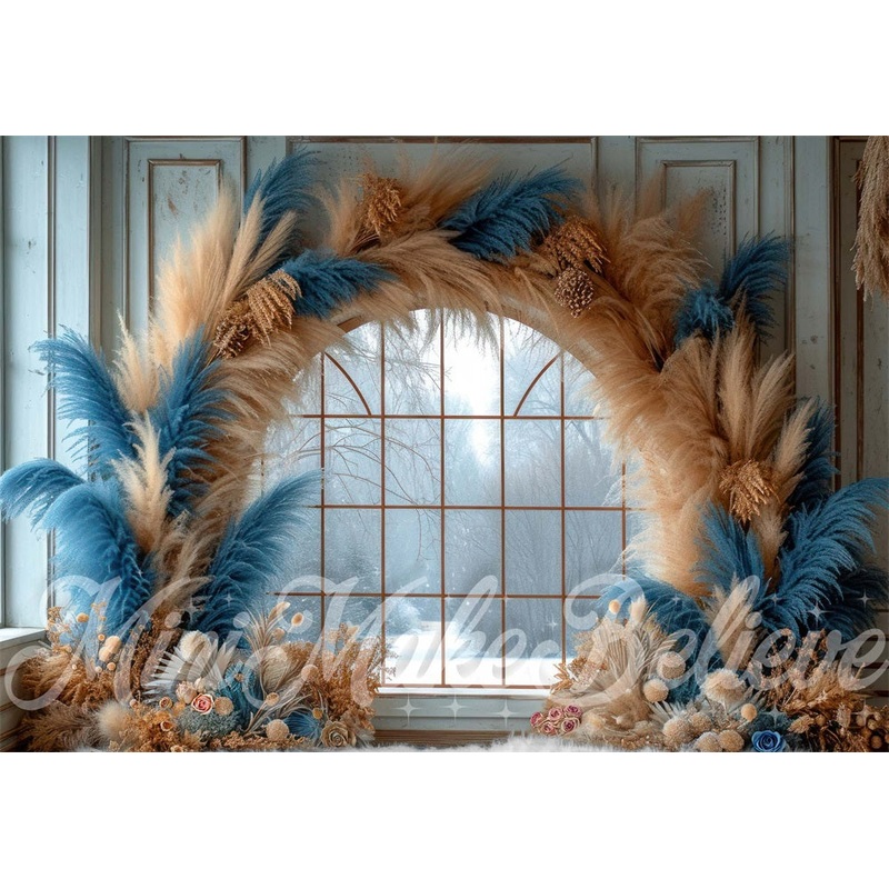 Kate Winter Boho Blue Reed Arch Framed Window Brown Striped Wall Backdrop Designed by Mini MakeBelieve 7x5ft - small kids sitting / cake smash Microfiber (Printed)