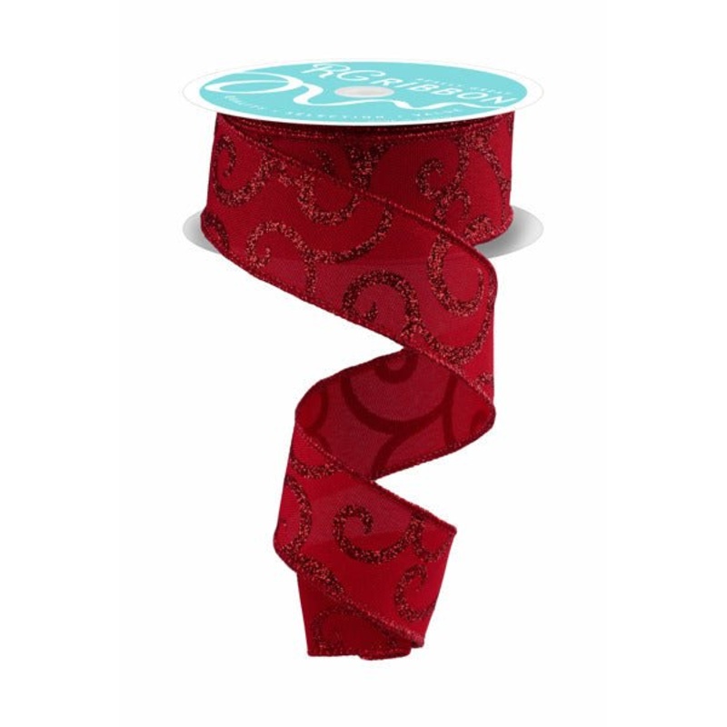 1.5" Glitter Swirl Ribbon: Red - 10yds