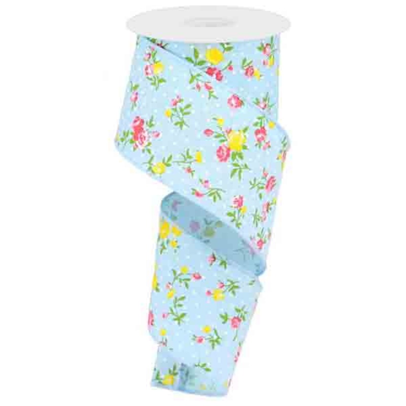 2.5" Vintage Floral Dot Ribbon: Pale Blue - 10yds