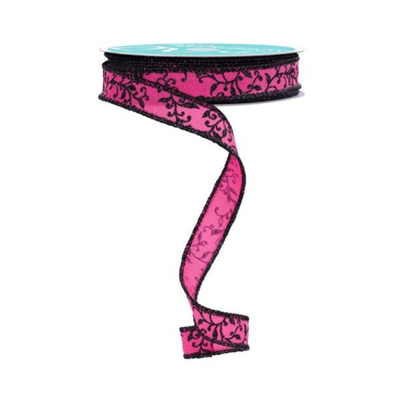 5/8" Glitter Mini Leaf Vines Ribbon: Fuchsia/Black